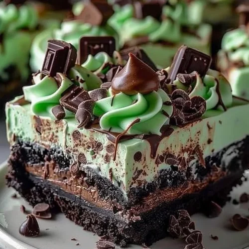 Delicious Mint Chocolate Fudge Cheesecake Cake with mint and chocolate layers