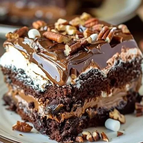 Delicious homemade Mississippi Mud Cake served on a white plate