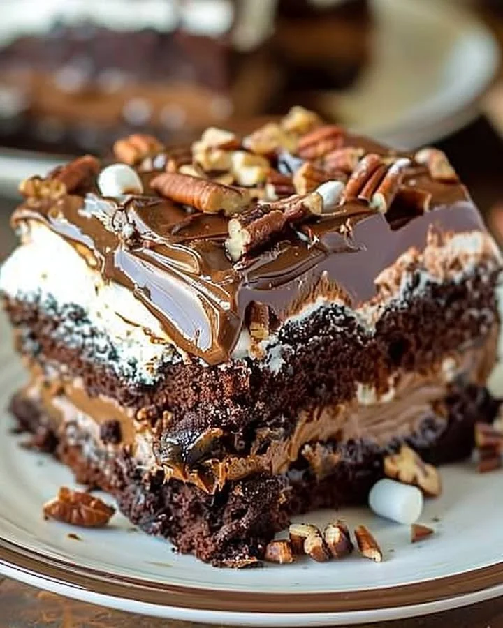 Delicious homemade Mississippi Mud Cake served on a white plate