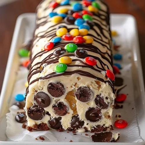 M&M's Chocolate Chip Cookie Dough Ice Cream Cake Roll plated and garnished.