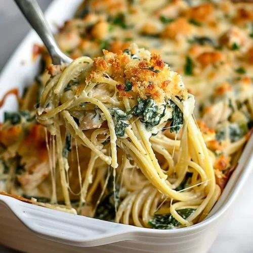 Monterey Chicken Spaghetti Bake ready to serve in a casserole dish