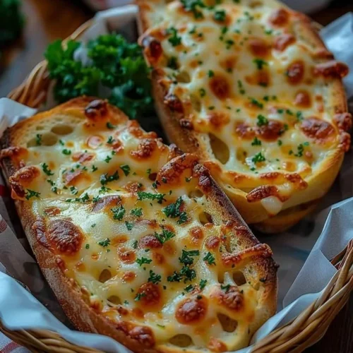 Delicious cheesy garlic bread fresh out of the oven, topped with herbs.