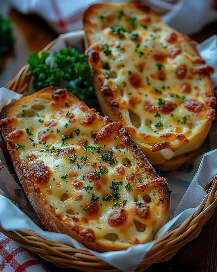 Delicious cheesy garlic bread fresh out of the oven, topped with herbs.