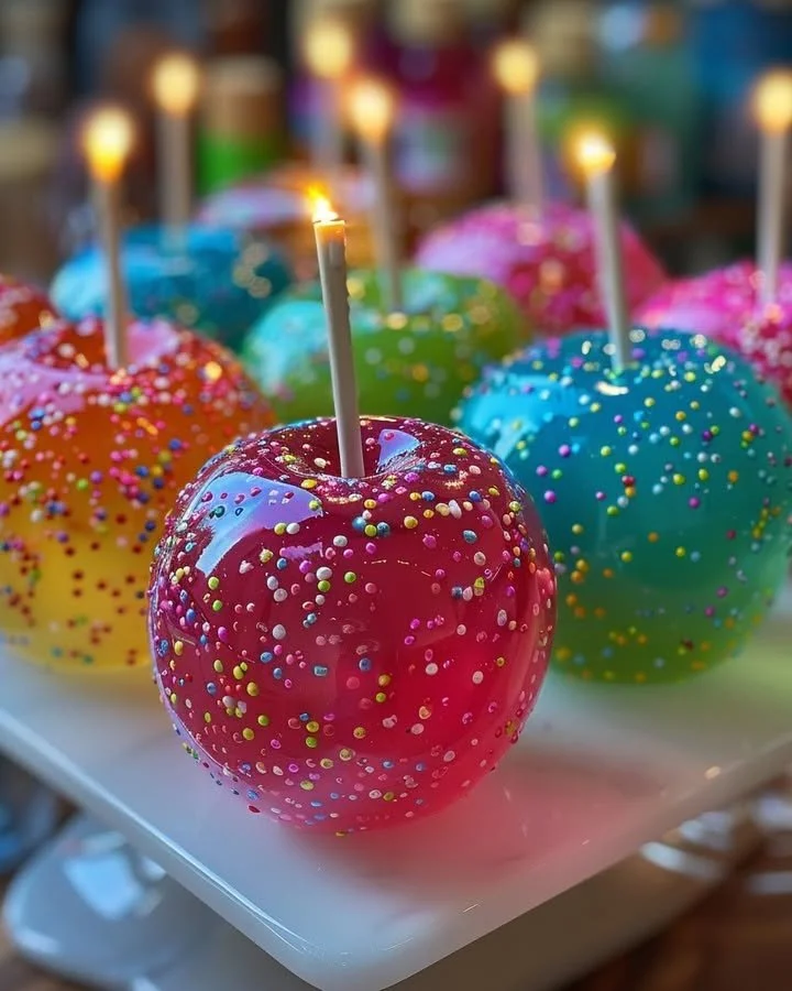 Colorful Neon Blast Jolly Rancher Candy Apples on a display