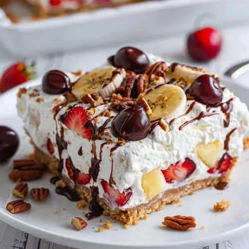 No bake Banana Split Cheesecake Bars with banana, chocolate, and whipped cream toppings