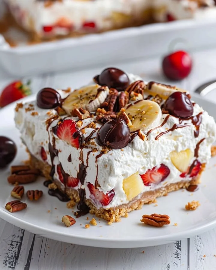 No bake Banana Split Cheesecake Bars with banana, chocolate, and whipped cream toppings