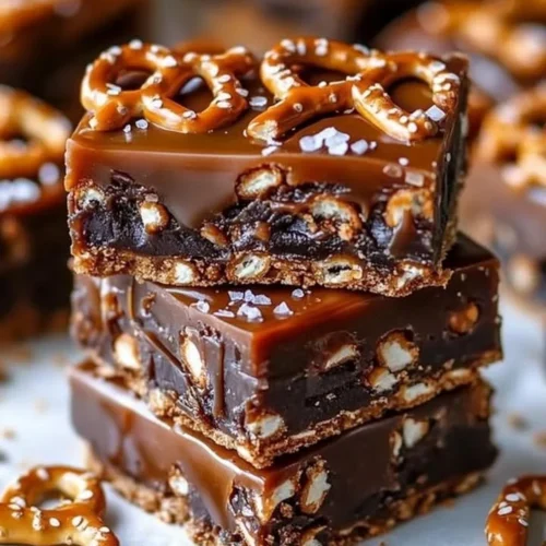 Delicious no-bake caramel pretzel bars topped with chocolate and sprinkled with sea salt.