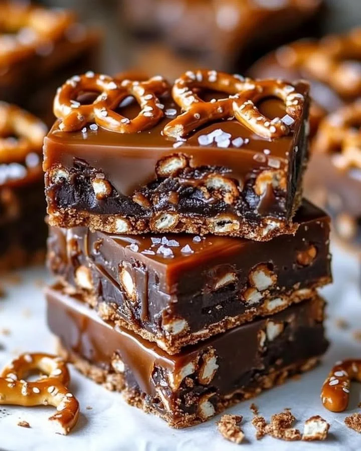 Delicious no-bake caramel pretzel bars topped with chocolate and sprinkled with sea salt.