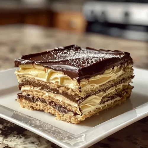 Delicious no-bake chocolate eclair cake with layers of cream and chocolate frosting
