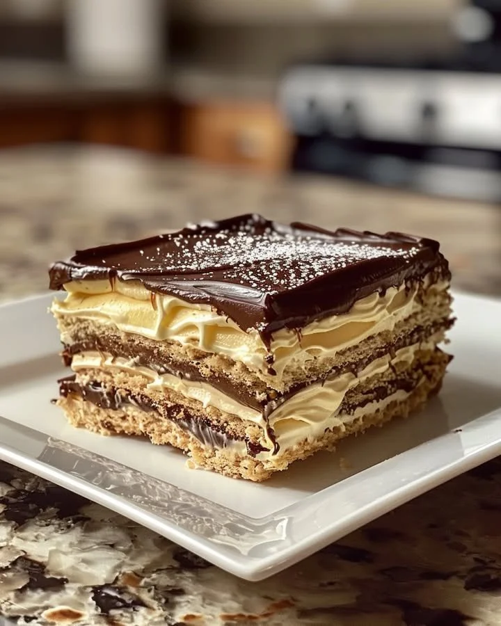 Delicious no-bake chocolate eclair cake with layers of cream and chocolate frosting