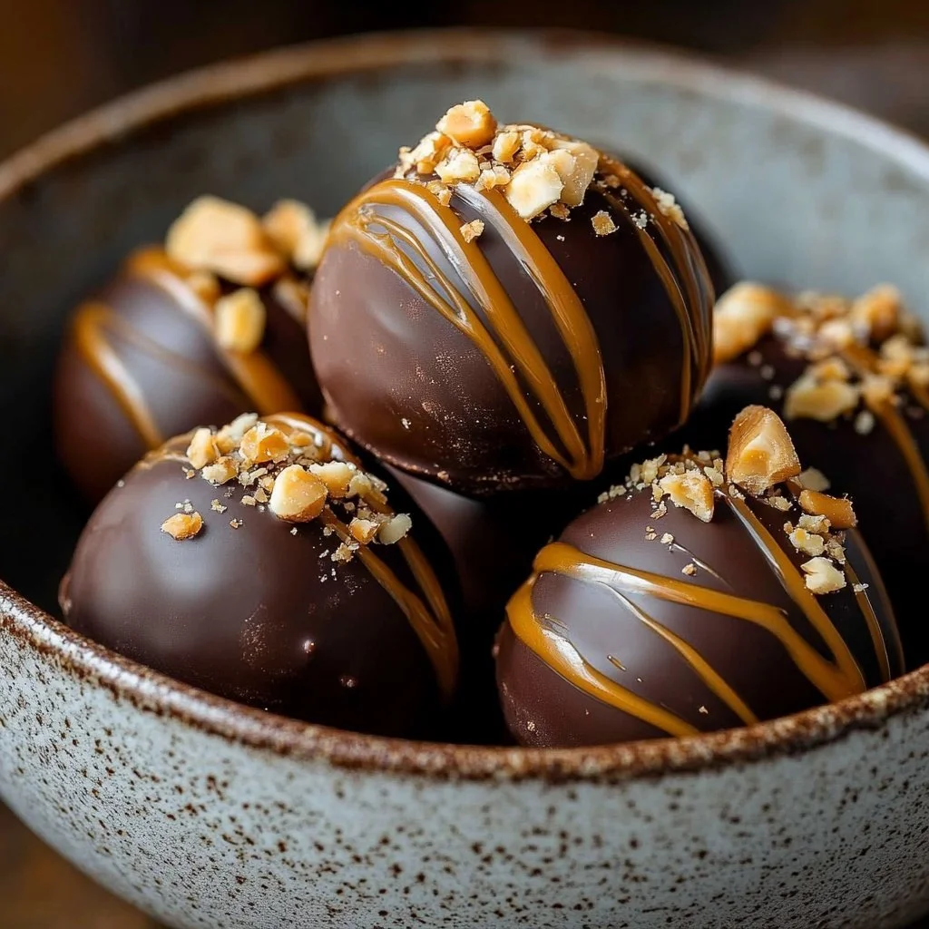 No-bake chocolate peanut butter buckeyes stacked on a plate.