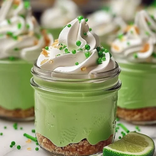 No Bake Key Lime Cheesecake layered in a jar with fresh lime garnish.