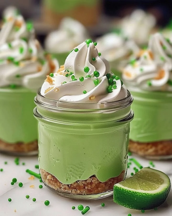 No Bake Key Lime Cheesecake layered in a jar with fresh lime garnish.