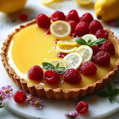 No-bake lemon tart topped with raspberries and fresh basil leaves