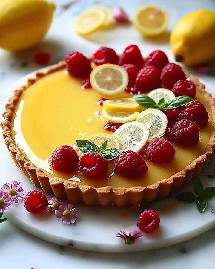 No-bake lemon tart topped with raspberries and fresh basil leaves