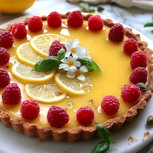 No-bake lemon tart topped with raspberries and basil garnishes.