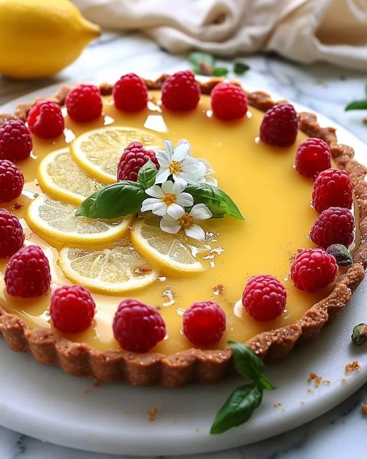 No-bake lemon tart topped with raspberries and basil garnishes.
