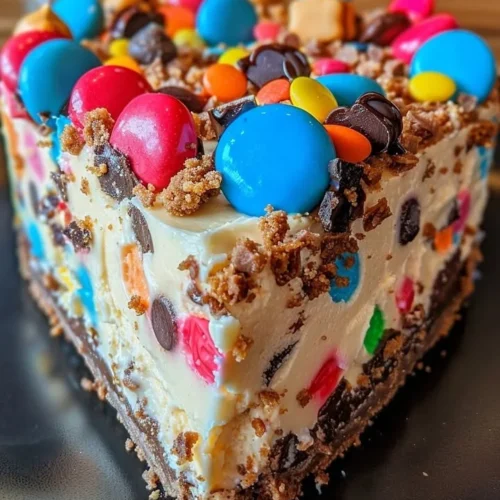 No-bake monster cookie dough cheesecake topped with cookie pieces and chocolate chips