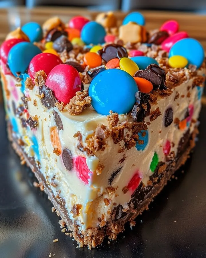 No-bake monster cookie dough cheesecake topped with cookie pieces and chocolate chips