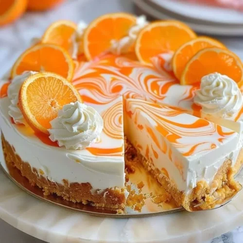 No-Bake Orange Creamsicle Cheesecake with creamy orange topping and graham cracker crust.