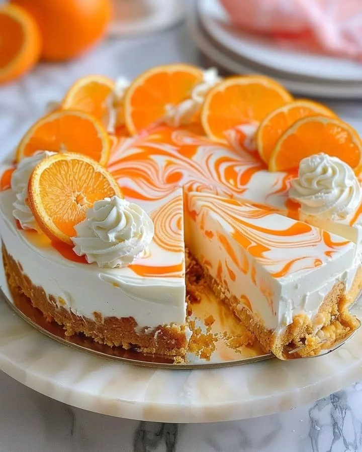 No-Bake Orange Creamsicle Cheesecake with creamy orange topping and graham cracker crust.