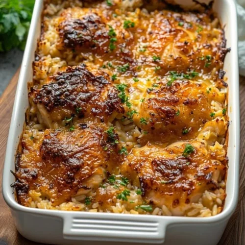 Delicious No-Peek Chicken and Rice Casserole served in a baking dish