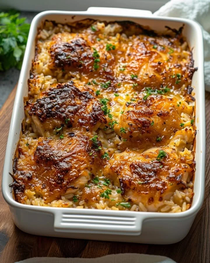 Delicious No-Peek Chicken and Rice Casserole served in a baking dish