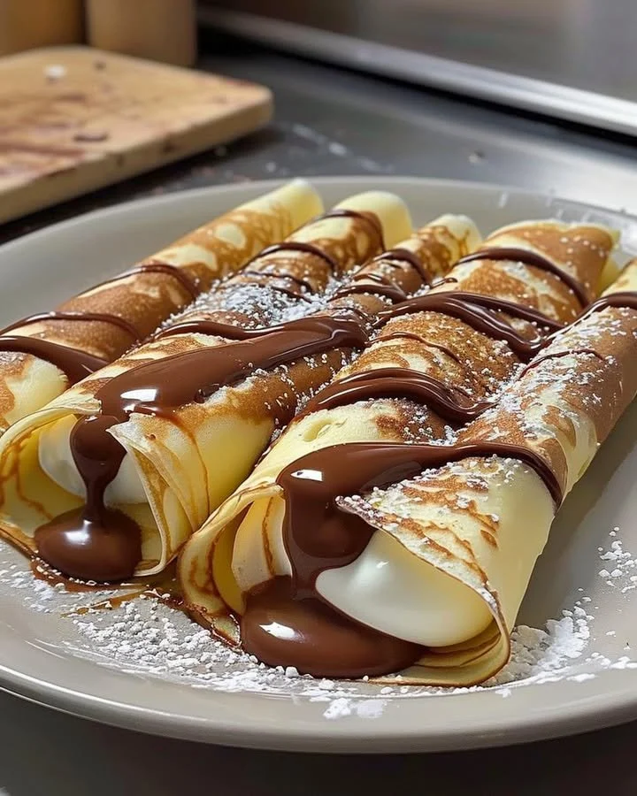 Nutella crepes filled with creamy Nutella and topped with chocolate drizzle