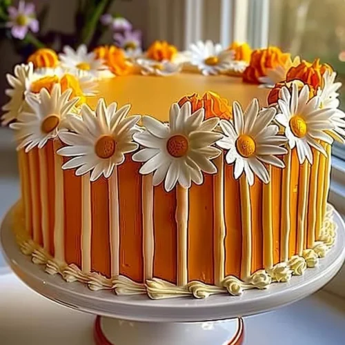 Orange Creamsicle Cake with decorative daisies on top