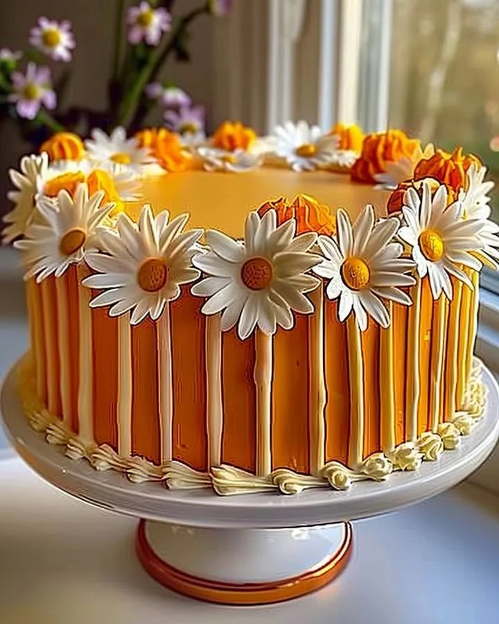 Orange Creamsicle Cake with decorative daisies on top