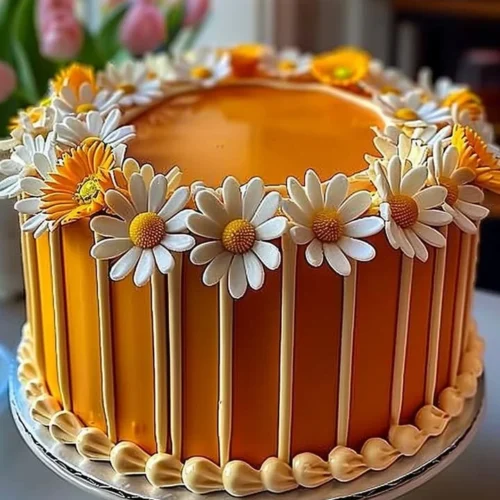 Orange Creamsicle Cake with vibrant daisy decorations