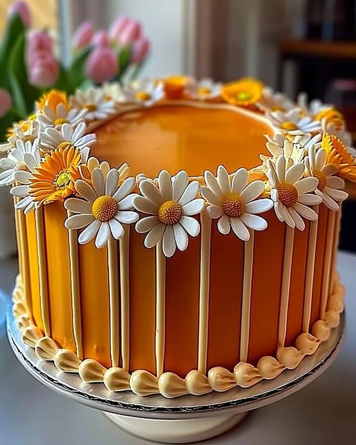 Orange Creamsicle Cake with vibrant daisy decorations