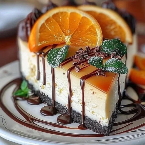 Slice of Orange Mascarpone Cheesecake topped with chocolate drizzle and orange zest
