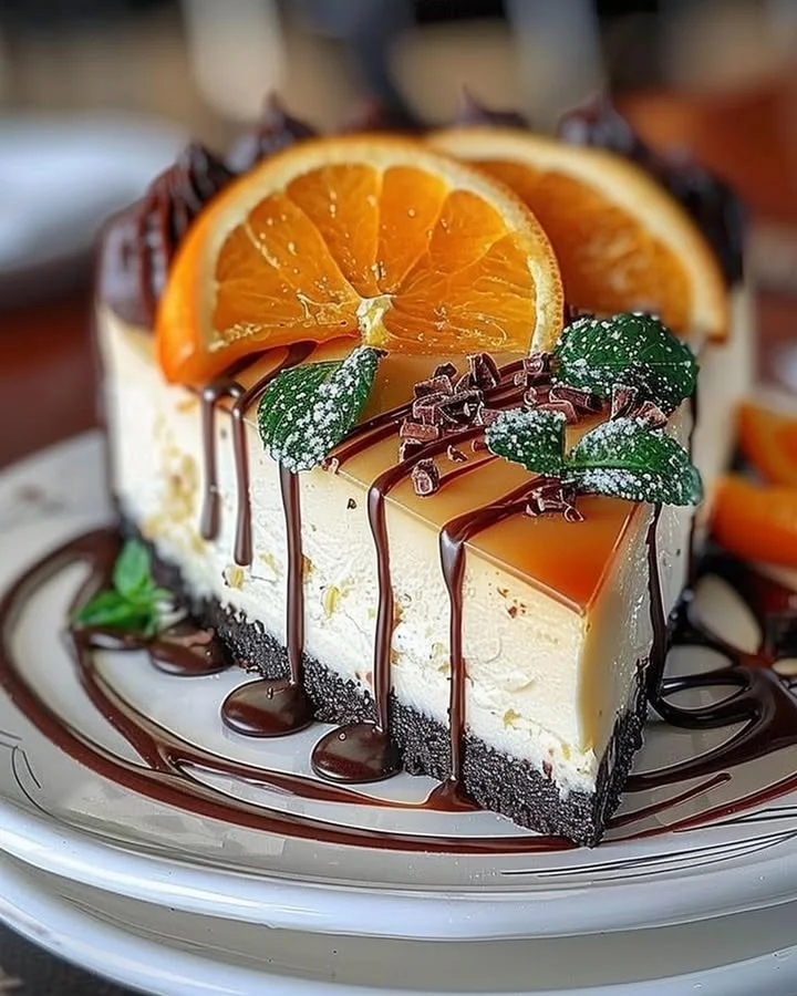 Slice of Orange Mascarpone Cheesecake topped with chocolate drizzle and orange zest