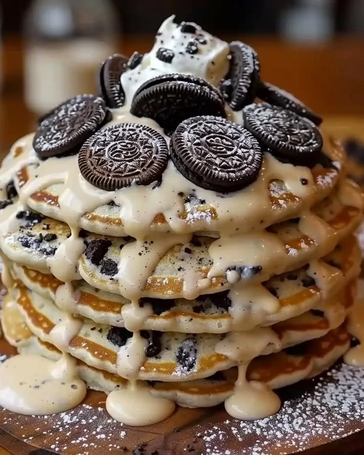 Oreo Pancakes drizzled with cream cheese for a sweet breakfast treat.
