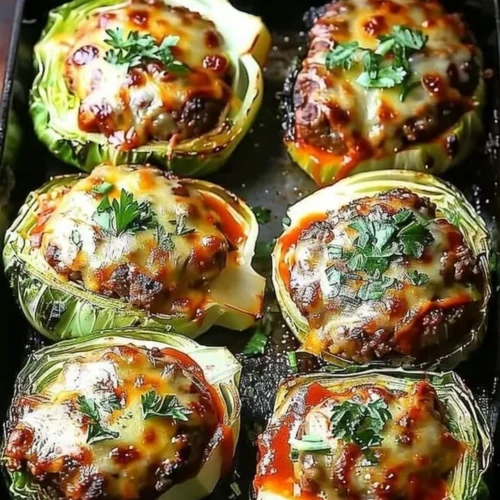 Oven-baked cabbage burgers served on a plate with fresh toppings.