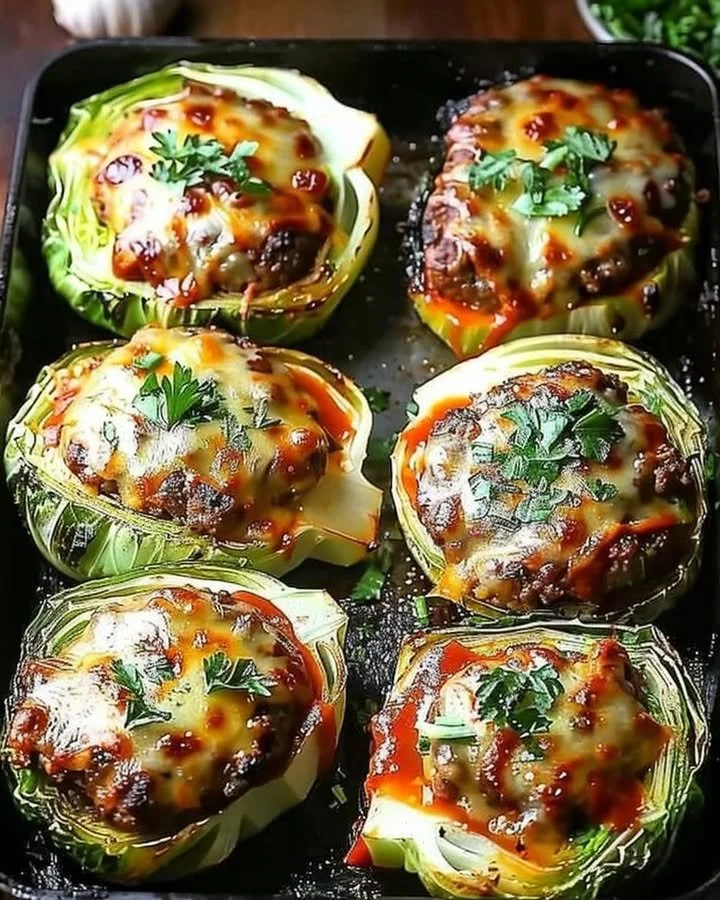 Oven-baked cabbage burgers served on a plate with fresh toppings.