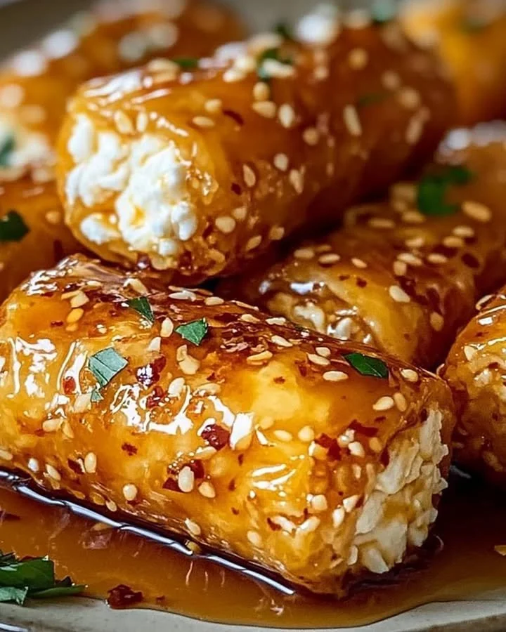 Oven fried feta rolls drizzled with chilli honey, an enticing appetizer