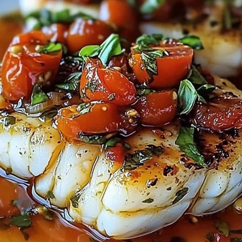 Pan-Seared Mediterranean Cod in Tomato Basil Sauce served on a plate