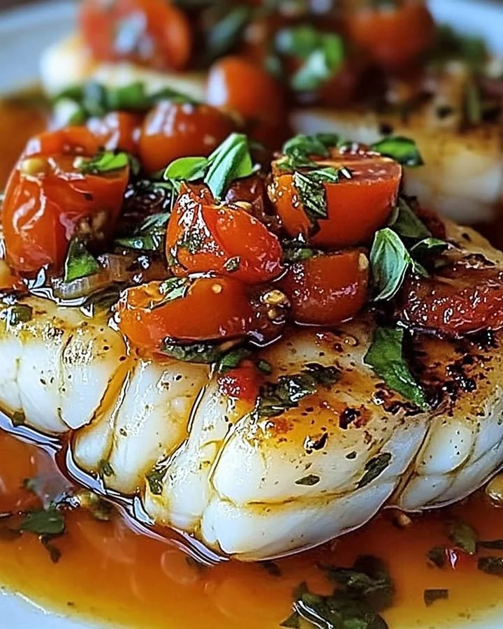 Pan-Seared Mediterranean Cod in Tomato Basil Sauce served on a plate