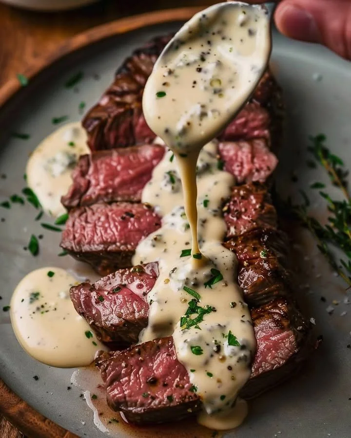Pan-seared New York Strip Steak with Gorgonzola cream sauce on a white plate
