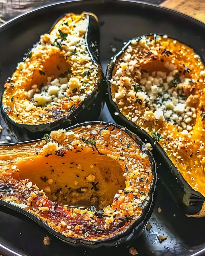 Parmesan herb roasted acorn squash garnished with fresh herbs and cheese
