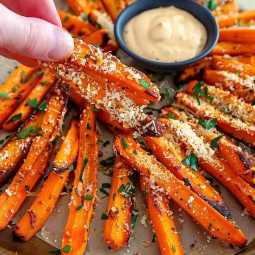 Parmesan roasted carrot fries on a plate, garnished and ready to serve.