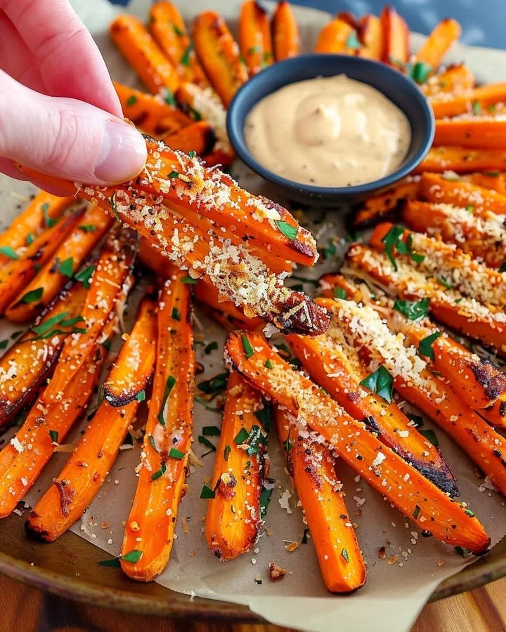 Parmesan roasted carrot fries on a plate, garnished and ready to serve.