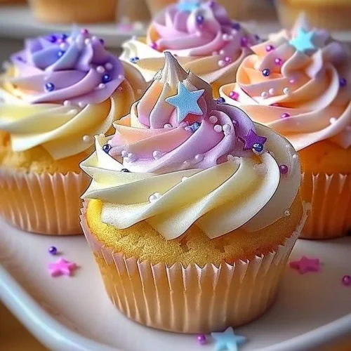 A tray of pastel star cupcakes decorated with colorful frosting and sprinkles.