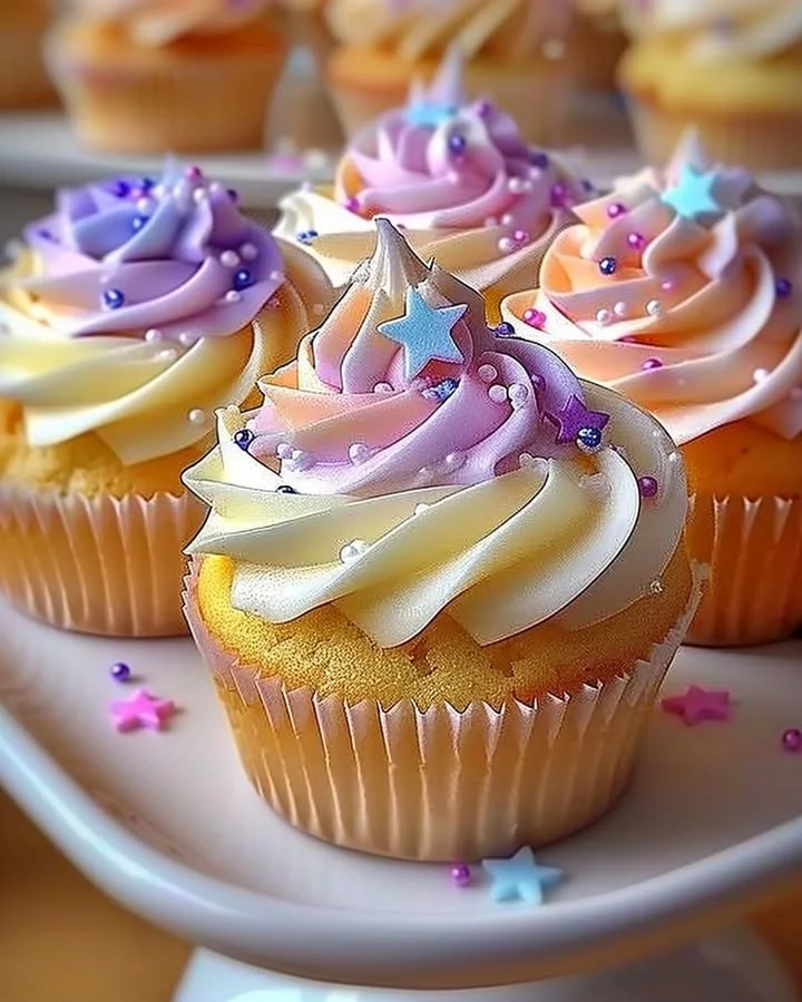 A tray of pastel star cupcakes decorated with colorful frosting and sprinkles.