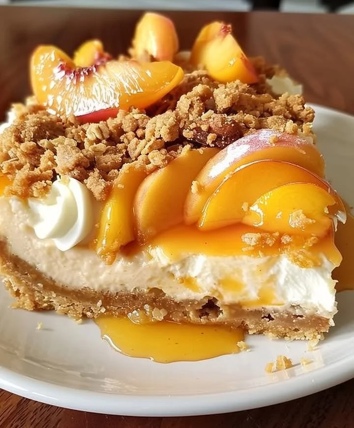 Delicious Peach Cobbler Cheesecake topped with fresh peaches