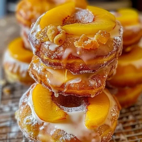 Delicious peach cobbler cheesecake donuts topped with peach slices and cream.