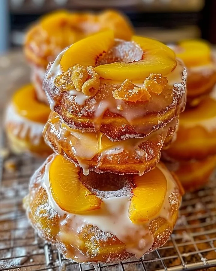 Delicious peach cobbler cheesecake donuts topped with peach slices and cream.