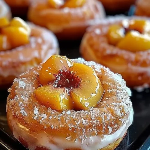 Delicious Peach Cobbler Cheesecake Donuts with fresh peaches and creamy cheesecake filling
